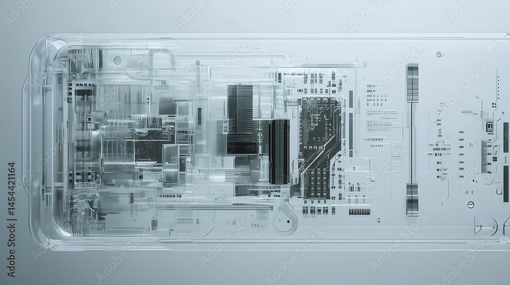 Poster 透明な電子機器の回路と複雑な内部構造を抽象的に表現した3dイラスト 青色の背景に光が当たり未来的なデザイン