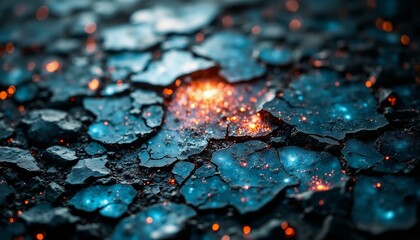 Fractured rock reveals swirling patterns of obsidian, cerulean, rose-gold, and cosmic dust.