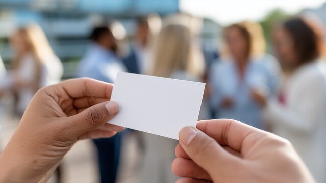 Close-up of hands exchanging white empty business cards at a networking event, blurred crowd in the background, natural lighting. - Powered by Adobe