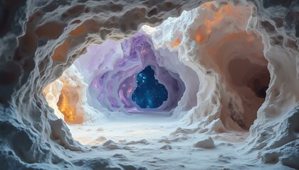 A massive dolomite rock formation glows softly with violet swirls and starry patterns inside a vast cave.