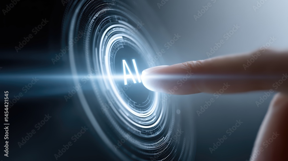 Poster Close up of a human finger touching glowing AI symbol on a digital interface in a futuristic setting