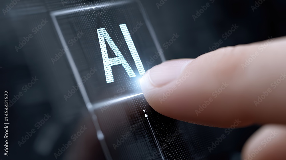 Poster touching the glowing ai symbol on a digital interface with a human finger
