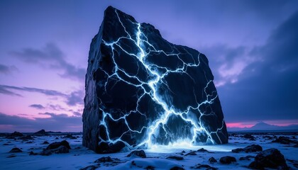 A massive black monolith with white fractures stands under a twilight sky, radiating coldness and serenity.