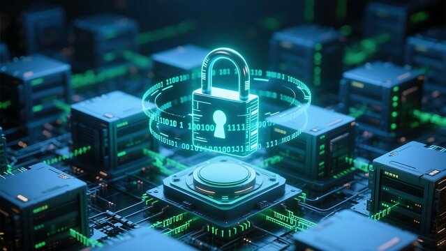 "Cybersecurity Futurism: Digital Lock & Server Network with Binary Code Force Field – Dark Cyberpunk Aesthetic"