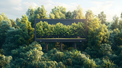 Billboard in a forest advertising display in nature environment with green trees