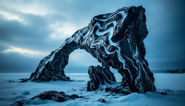 Fractured magnetite monolith on glacial ice; black stone, white lines, frosty patina, arctic twilight.