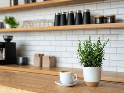 Compact coffee shop with ultrathin stainless steel countertops, modular brewing stations, and a contemporary minimalist look