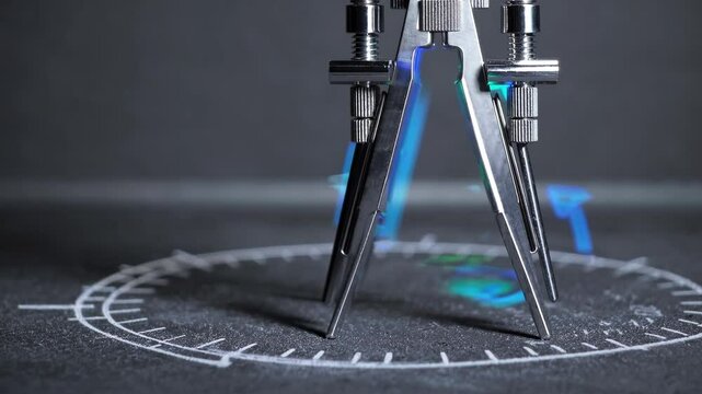 Metal drawing compass creating precise white circle on blackboard
