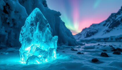 Melting cerulean zircon monolith glows under aurora, revealing fractures and vibrant color refractions.