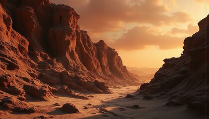 Eroded Martian cliffs display swirling ochre, burnt umber layers, amber veins, and a hazy rose-gold sky.