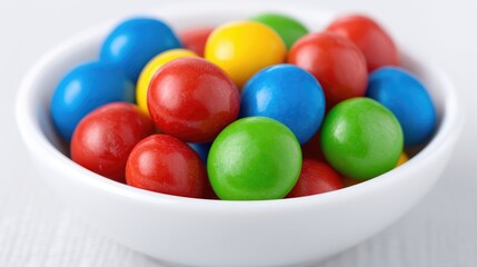 Colorful candy coating showcasing artificial food dyes in a white bowl on a light background