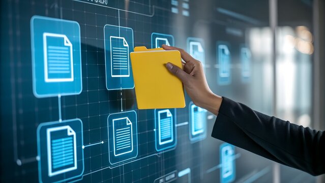 Business files and folders storing in document management system DMS server. Businessman touching file and folder icon on many files