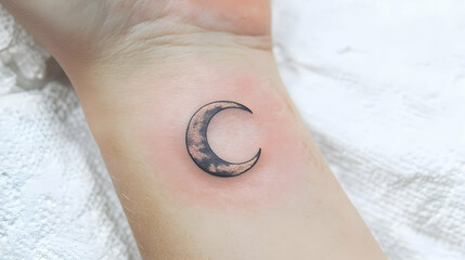 Fototapeta premium Small crescent moon tattoo on wrist. Delicate design with shaded moon