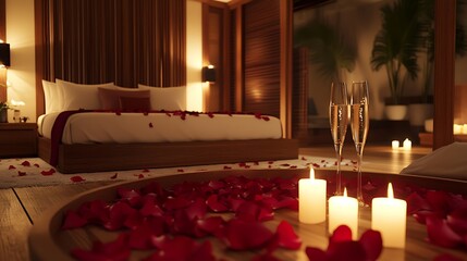 Luxurious bedroom setting, adorned with romantic decorations.