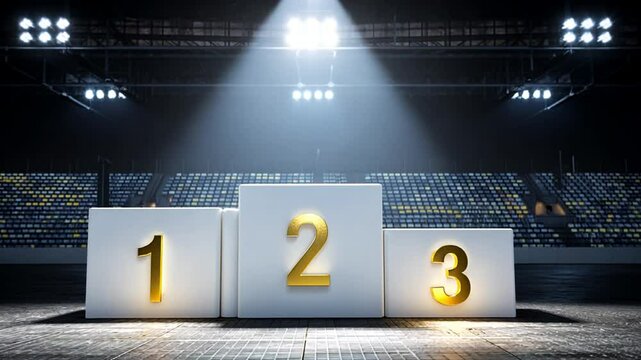 Empty sports arena with illuminated podium displaying numbers one, two, and three