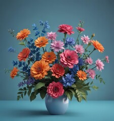 Obraz premium Colorful paper flower arrangement, blue background, empty space, leaves, handmade, overhead shot
