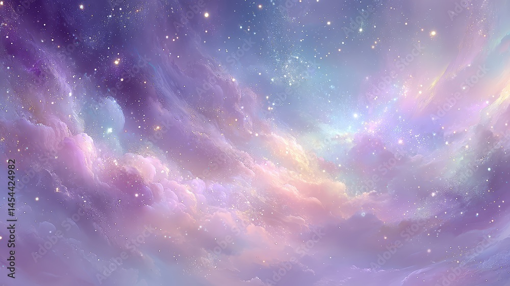 Poster calming heavenly background with soft clouds and starry sky at sunset