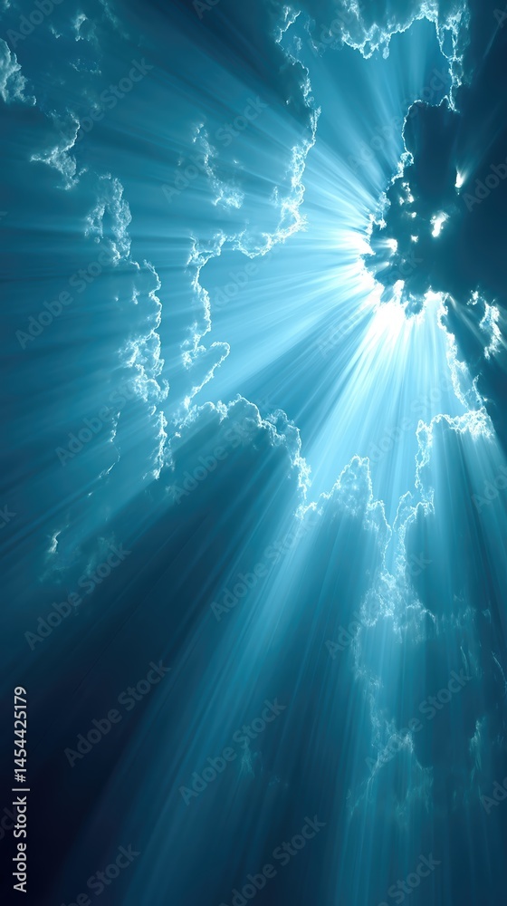 Poster light beams shine through clouds in a calming heavenly background