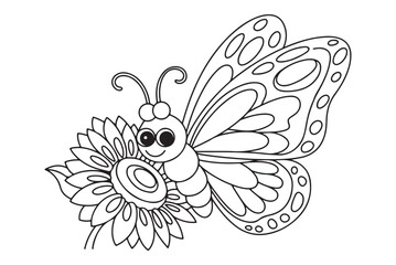  Cute Cartoon Butterfly & Sunflower Coloring Page Line Art