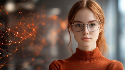 Red-haired woman in glasses with a network effect
