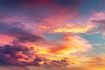 Fototapeta premium Dreamy sunset cloudscape in vibrant hues over tranquil horizon, showcasing ethereal beauty for landscape enthusiasts and nature admirers. Ideal for serene wallpapers and artistic prints