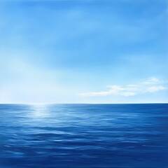 Obraz premium Calm ocean, bright sky. Vast expanse of deep blue ocean meets a clear, bright blue sky dotted with small, fluffy white clouds. Sunlight reflects gently on the water's surface