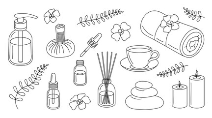 Set of cosmetic products. Accessories on the theme of Thai massage and spa. Set of outline drawings. Content for design layouts