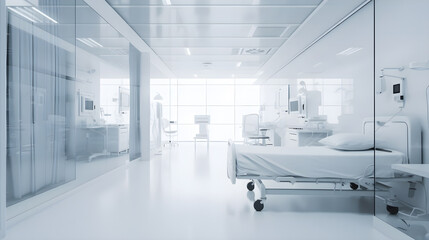 A modern, minimalist hospital room with a bed, medical equipment, and a window.