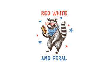 Red, White, and Feral – Raccoon with Hotdog Vintage 4th of July PNG Sublimation Design