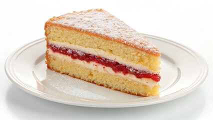 This image captures a delicious sweet treat: a layered sponge cake slice with pale yellow layers, red jam, white cream, and a prominent red raspberry topping.
