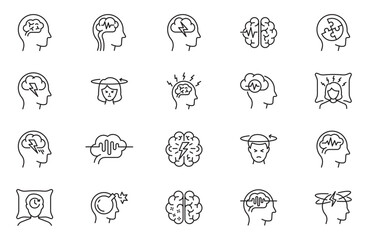 Fototapeta premium Neurology line icon set, such as Alzheimer's disease, spinal injury, insomnia, memory impairment and more. Editable stroke. Simple line vector illustration.