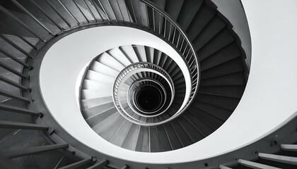 Fototapeta premium Black and white photo of a spiral staircase. Geometric, architectural design.