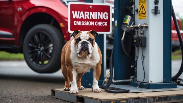 A bulldog standing confidently next to a warning sign at a service station, with a red vehicle in the background