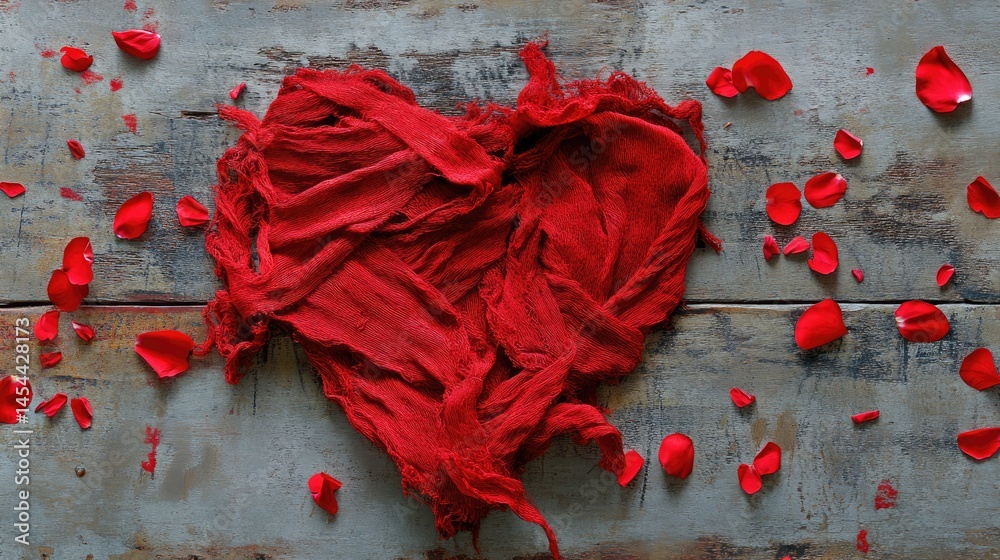 Poster Artistic heart created with a red scarf on a rustic table with petals scattered around