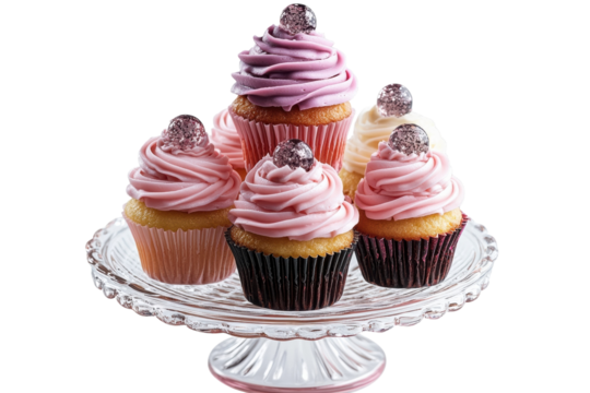 Delightful pink and purple cupcakes adorned with sparkling toppers displayed on a glass cake on transparent background