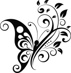 Abstract Black and White Floral Design with Swirls and Ornate Elements butterfly