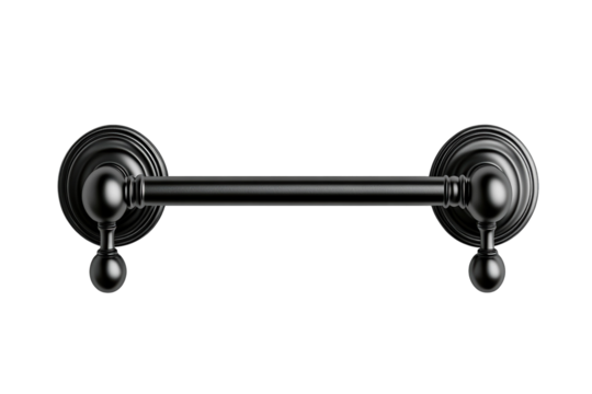 Elegant black matte towel bar modern bathroom design sleek minimalist style with round finials on transparent background