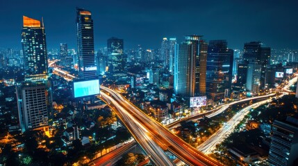 Obraz premium Aerial view of a bustling city at night, illuminated by lights of towering skyscrapers and a complex highway network