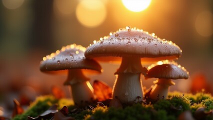 close group mushrooms forest mushrooms white pinkish orange cap covered small droplets water background blurred appears forest floor fallen leaves moss scattered around sun shining brightly top right