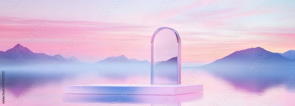 Poster 水面に映る幻想的なピンクと青の夕焼け空の風景透明な幾何学的構造