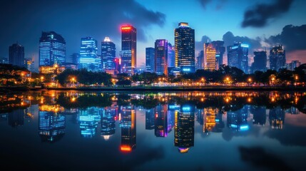 Fototapeta premium City skyline at dawn, reflected in calm water. Modern high-rise buildings, vibrant lights, mirroring effect