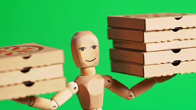 Wooden mannequin with stacked pizza boxes on green screen
