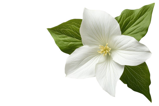 Elegant white trillium flower with vibrant green leaves isolated on a black background on transparent background