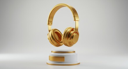 Elegant golden headphones trophy on pedestal for music award ceremony