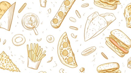 Hand-drawn fast food pattern on white background.