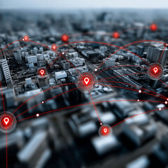 Malware prevention ransomware infrastructure. Trojan detection. Spyware detection.  Endpoint vulnerability. Zero-day detection. Digital map overlaying a cityscape with location pins.