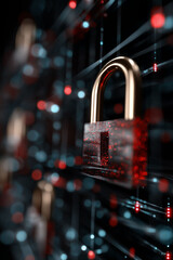 Malware prevention ransomware infrastructure. Trojan detection. Spyware detection.  Endpoint vulnerability. Zero-day detection. Digital lock with colorful bokeh effect in the background