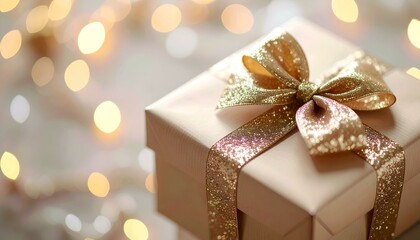 Elegant gift box with a gold glitter ribbon, bokeh lights background. Perfect for holidays, celebrations, or special occasions.