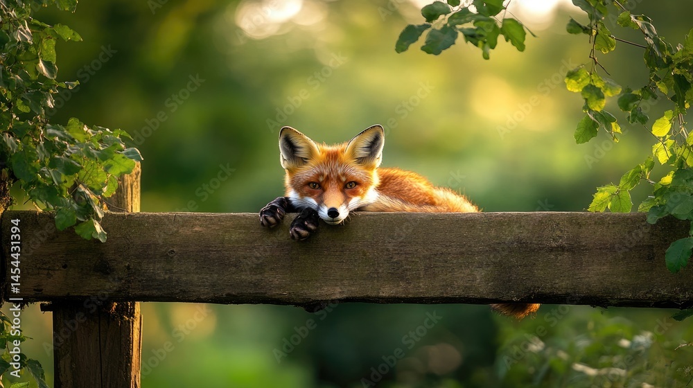 Poster a curious fox rests on a fence rail, eyes sharp, tail curled, plotting a sneaky adventure