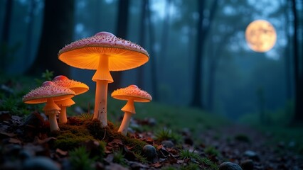 Fototapeta premium photograph group mushrooms forest mushrooms orange color round cap pinkish orange stem growing bed moss rocks leaves scattered around background blurred appears foggy forest tall trees full moon